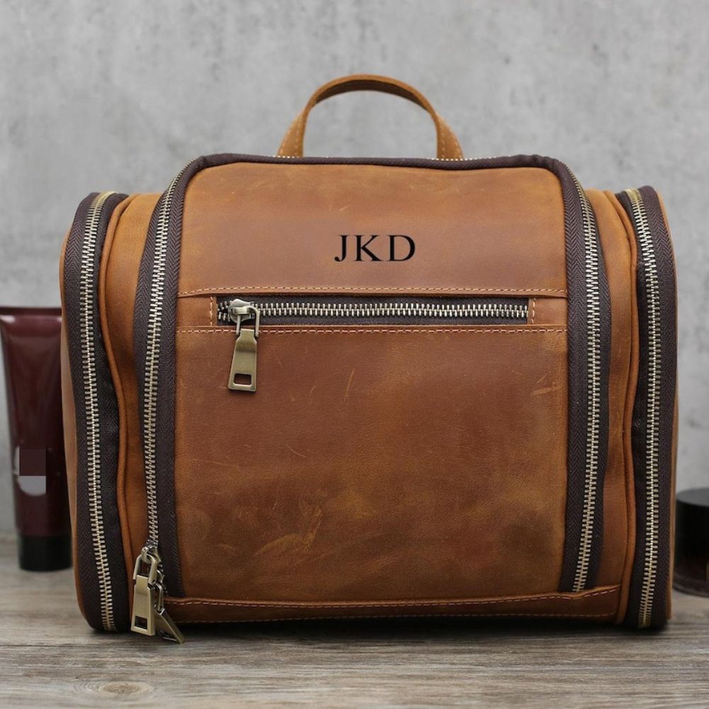 Personalized Hanging Toiletry Bag Gift, Leather Kit Bag For Him