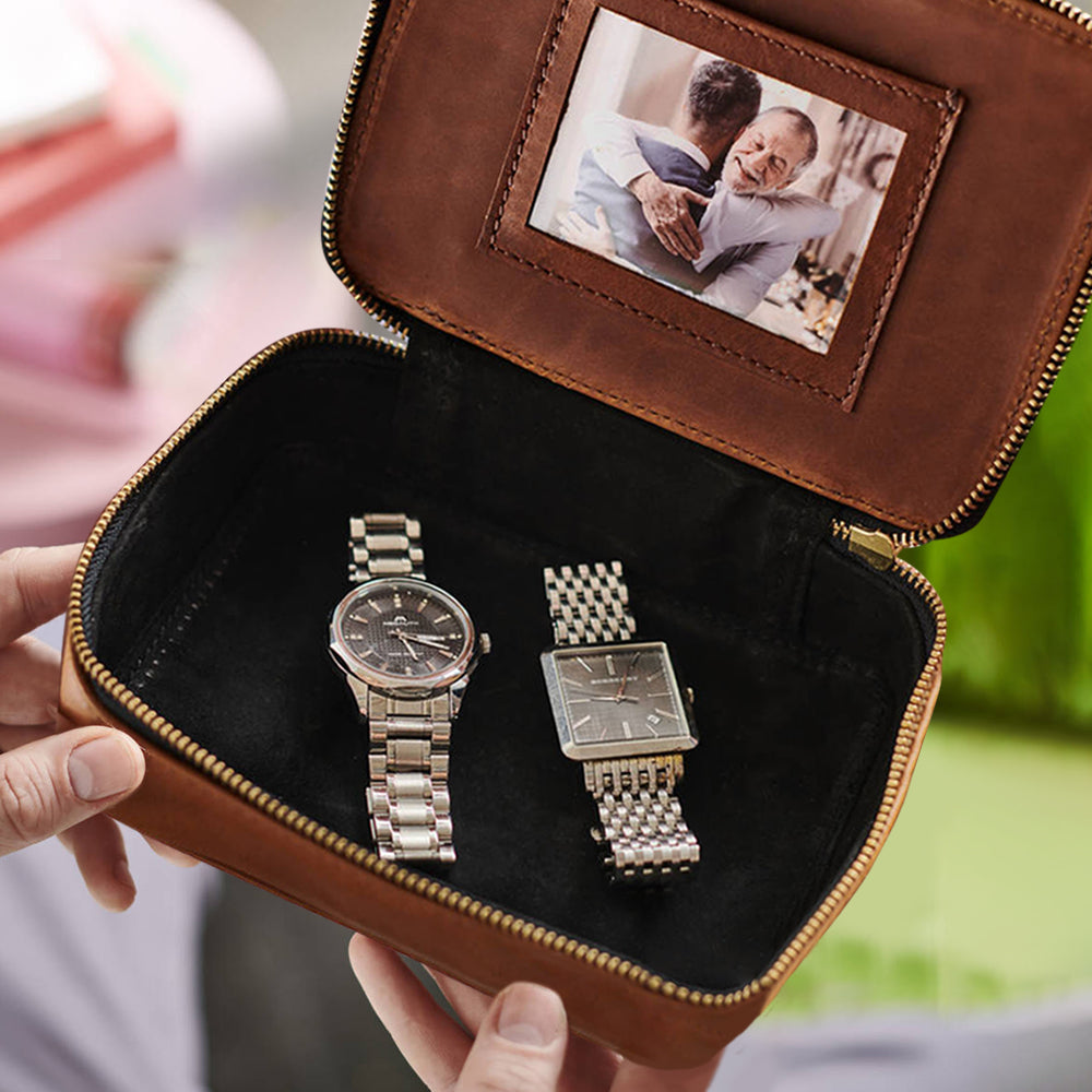 Personalized Leather Watch Box With Metal Photo Card For Men - Father's Day Gift