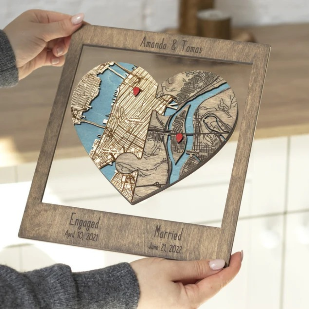 Two Locations Heart Puzzle Map - Anniversary gift for couples