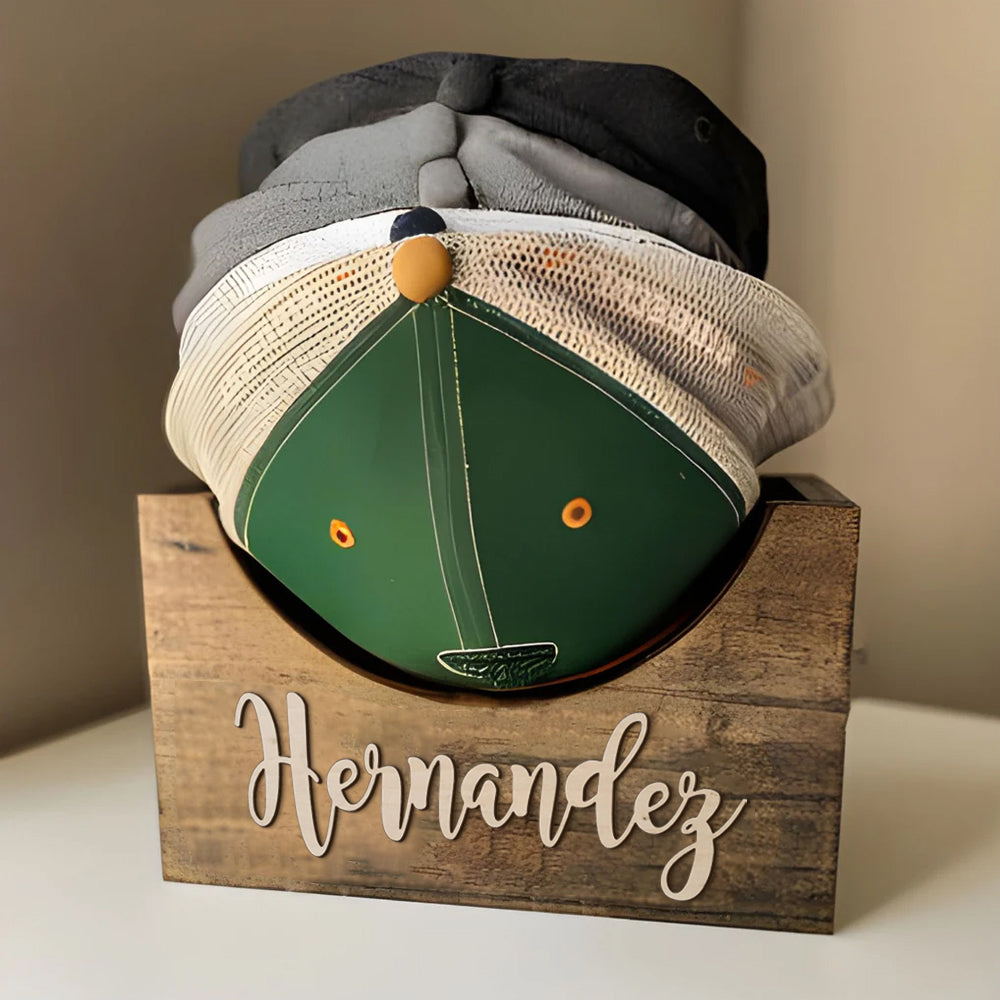 Personalized Wooden Hat Holder Box With 3D Name - Baseball Gift for him