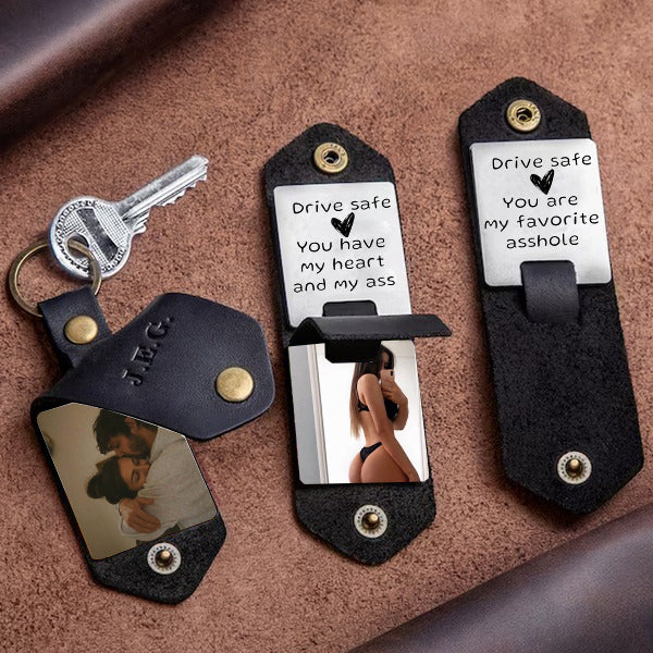 Personalized Naughty Leather Keychain With Photo - Secret Christmas Gift for Him