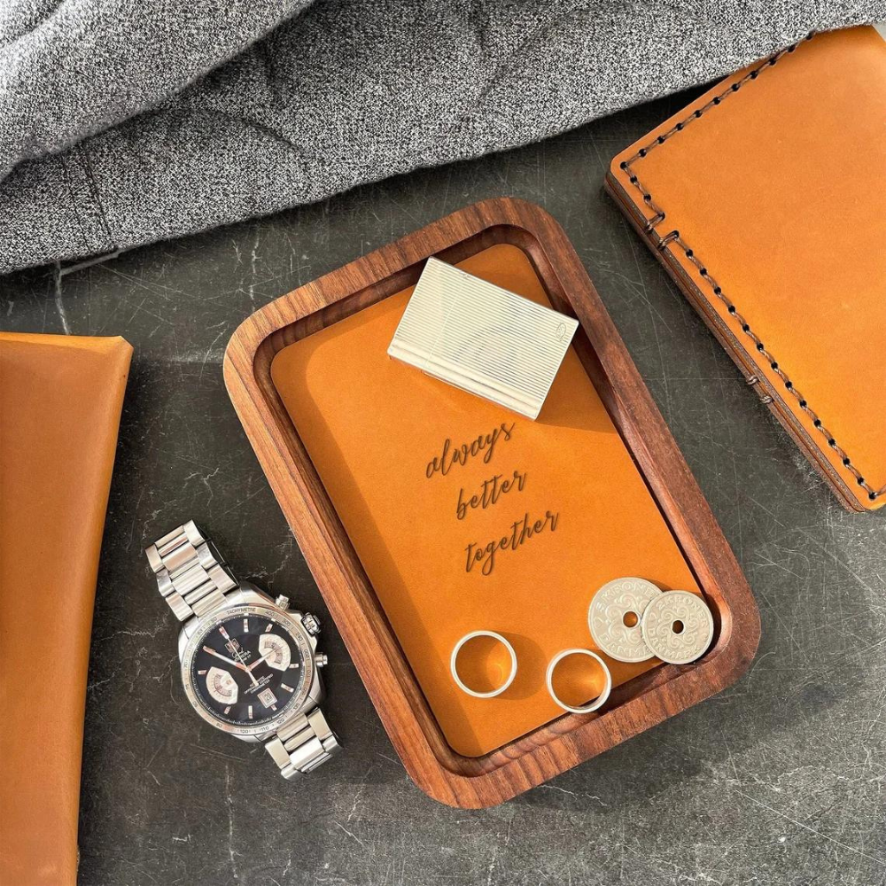 Wooden Valet Tray With Leather Detail - Anniversary Gift For Him