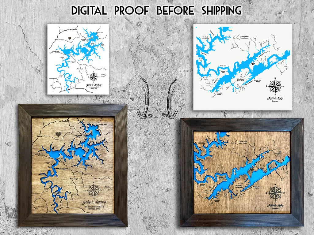 Custom Lake Map Engraved On Wood - Wedding Anniversary Gift For Parents