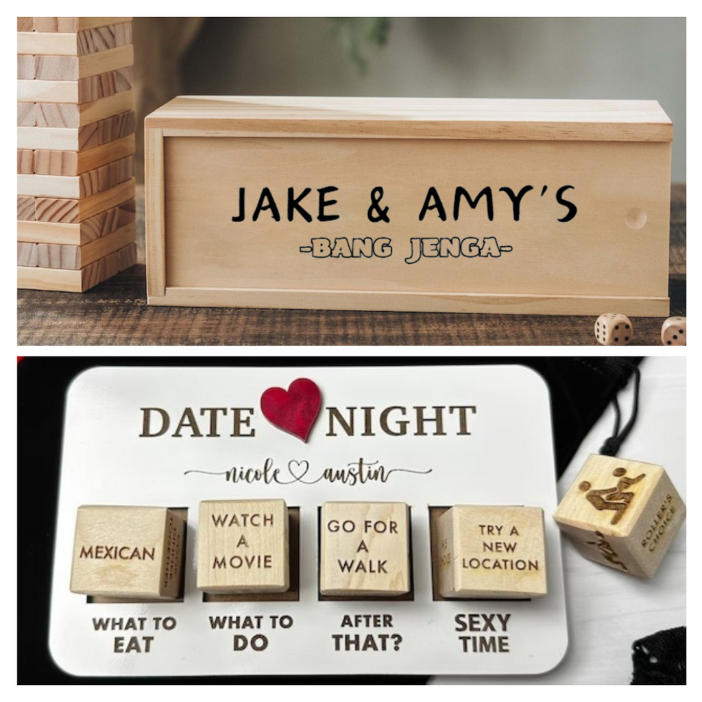 Set of 2 Naughty Date Night Ideas - Activity Dice After Dark Edition & Sexy Bang Jenga  - Wooden Board Game for couple