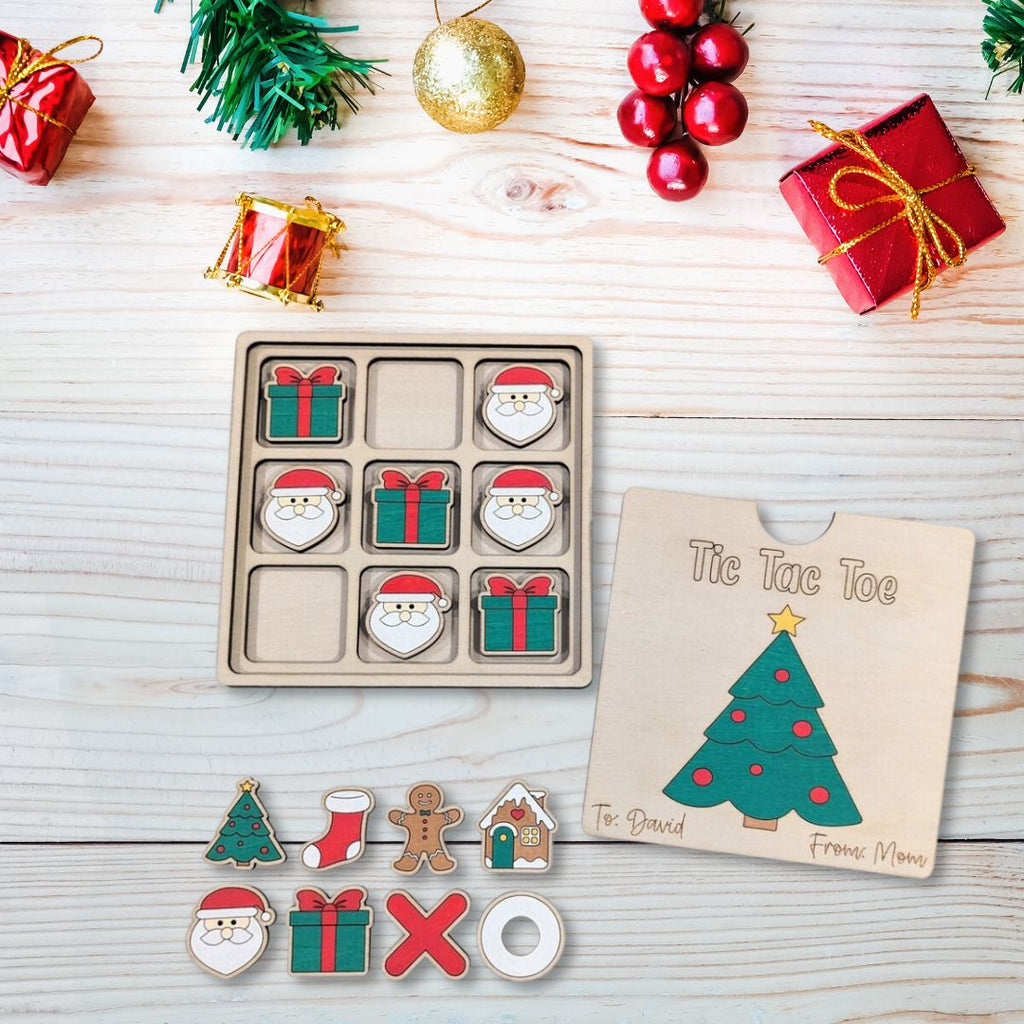 Personalized Wooden Christmas Tic Tac Toe Game With Box Lid - Christmas Gift For Kid