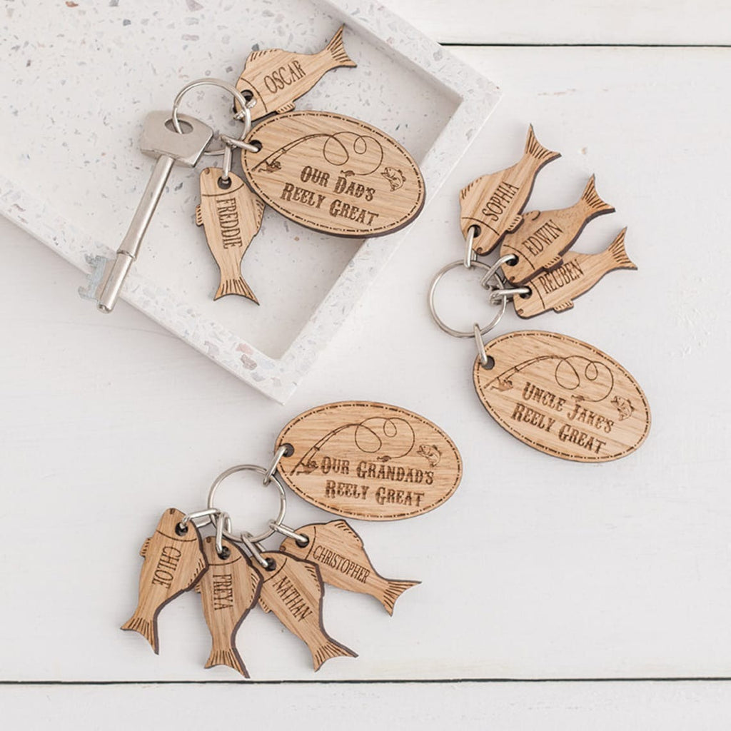 Personalized Our Dad's Reely Great Wooden Keyring - Father's Day Gift
