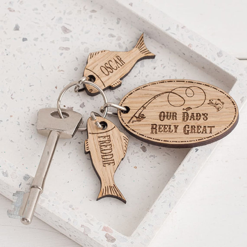 Personalized Our Dad's Reely Great Wooden Keyring - Father's Day Gift