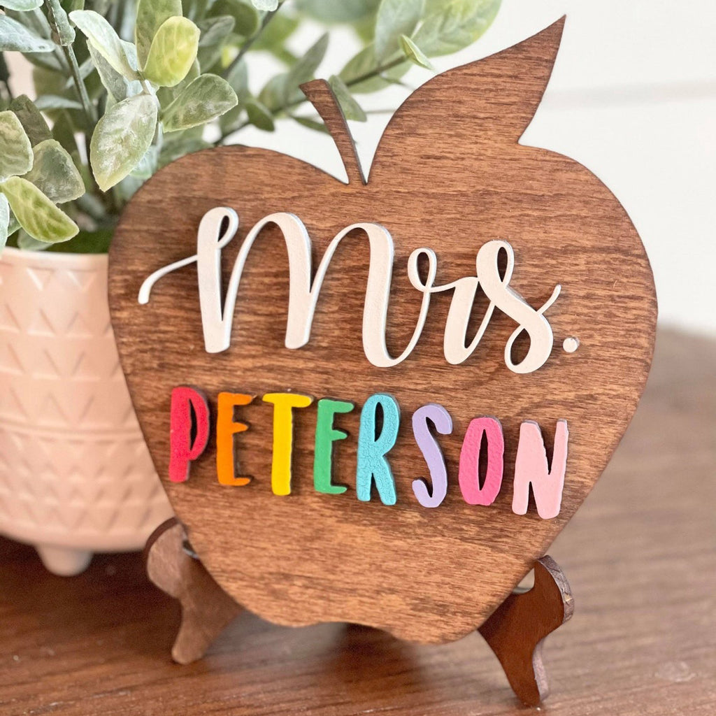 Personalized Wooden Teacher Desk Sign Apple Shape - Back2school Gift