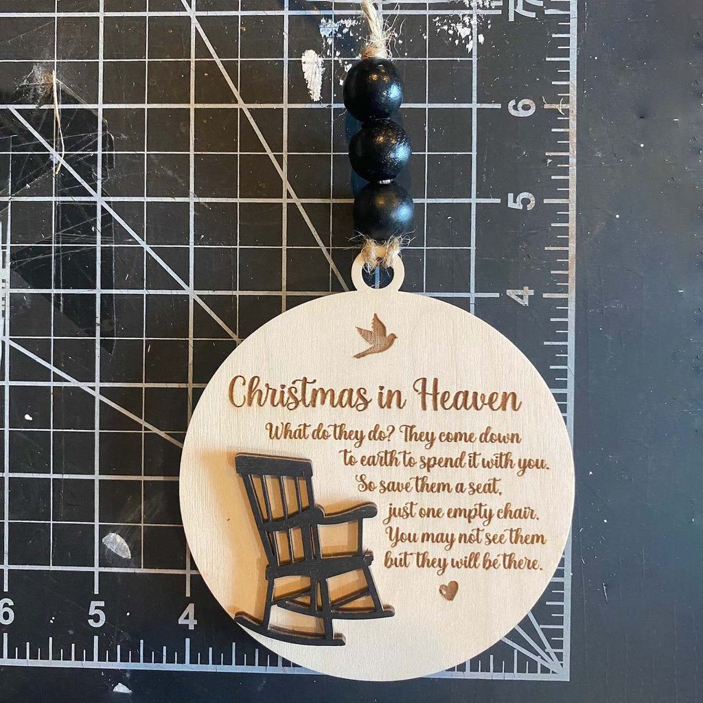 Personalized Christmas in Heaven Memorial Engraved Ornament (Can choose color of the bead and chair)