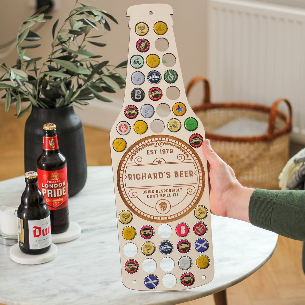 Personalized Wooden Beer Bottle Cap Collector - Gift For Man