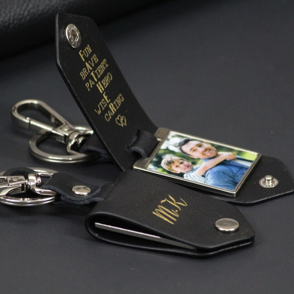 Personalized Leather Keychain With Metal Photo And Date - Father's Day Gift