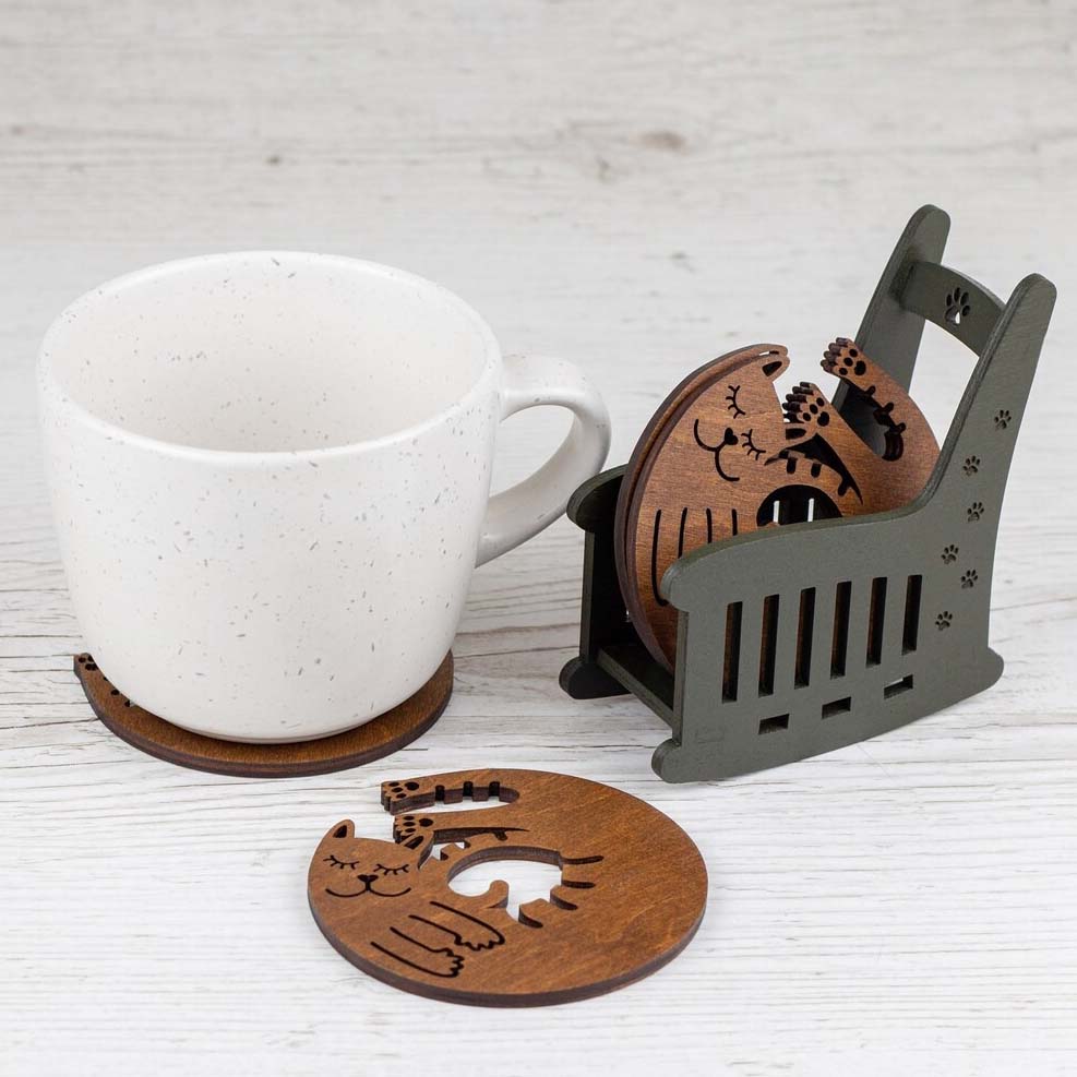 Funny Wood Coasters Cats on the Chair - Cute Coasters Set with Holder