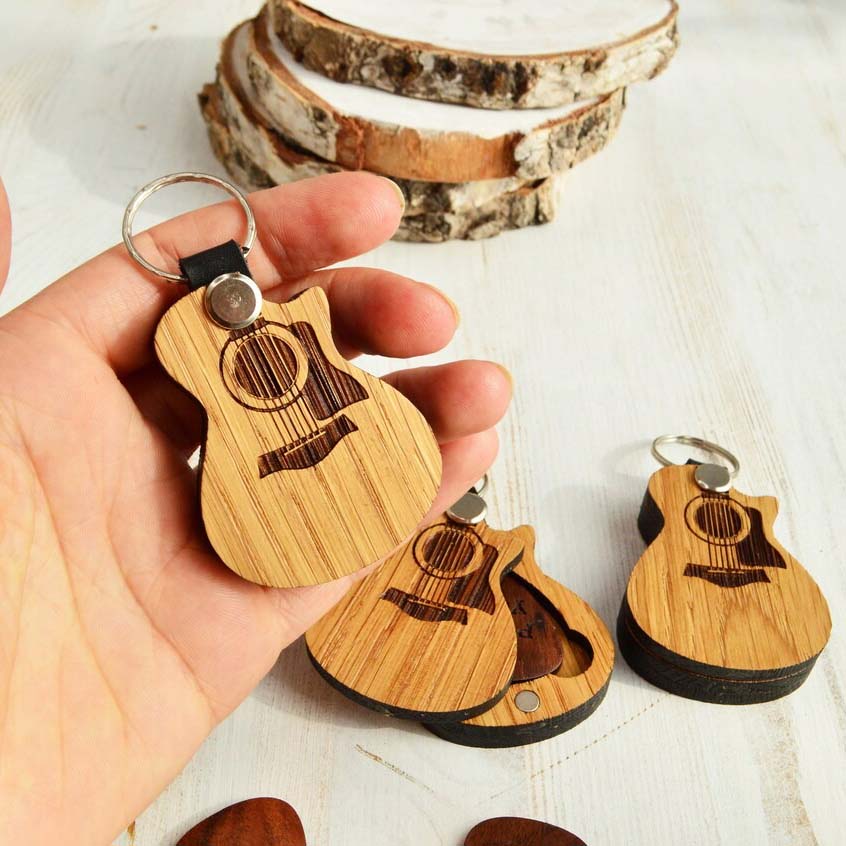 Wooden Keychain Guitar With Pick - Christmas Gift With Him