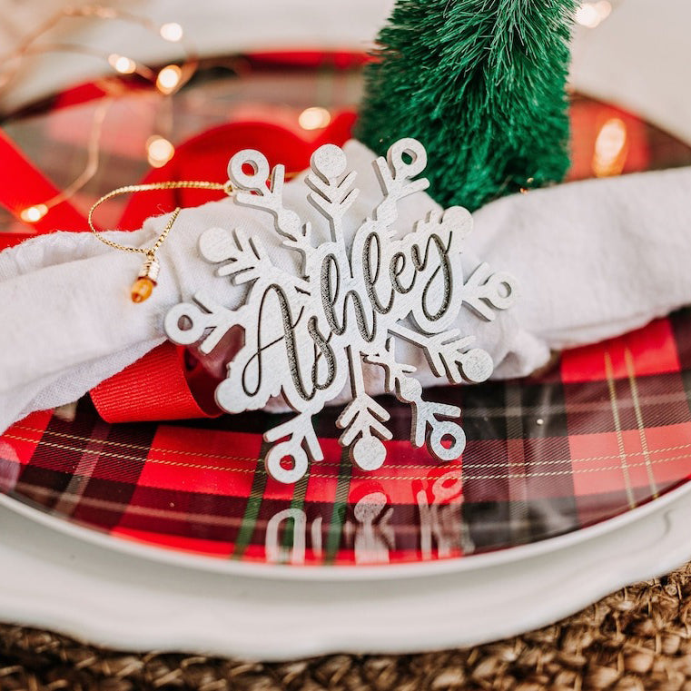 Personalized Wooden Snowflake Name Tag - Christmas Ornament, Gift Tag, Table Decor