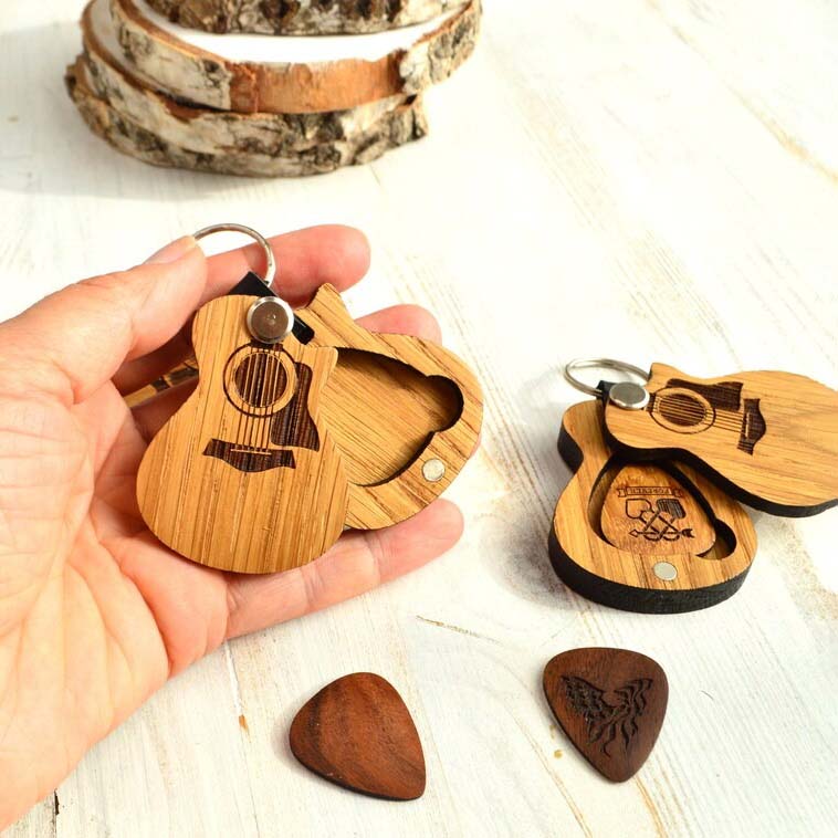 Wooden Keychain Guitar With Pick - Christmas Gift With Him