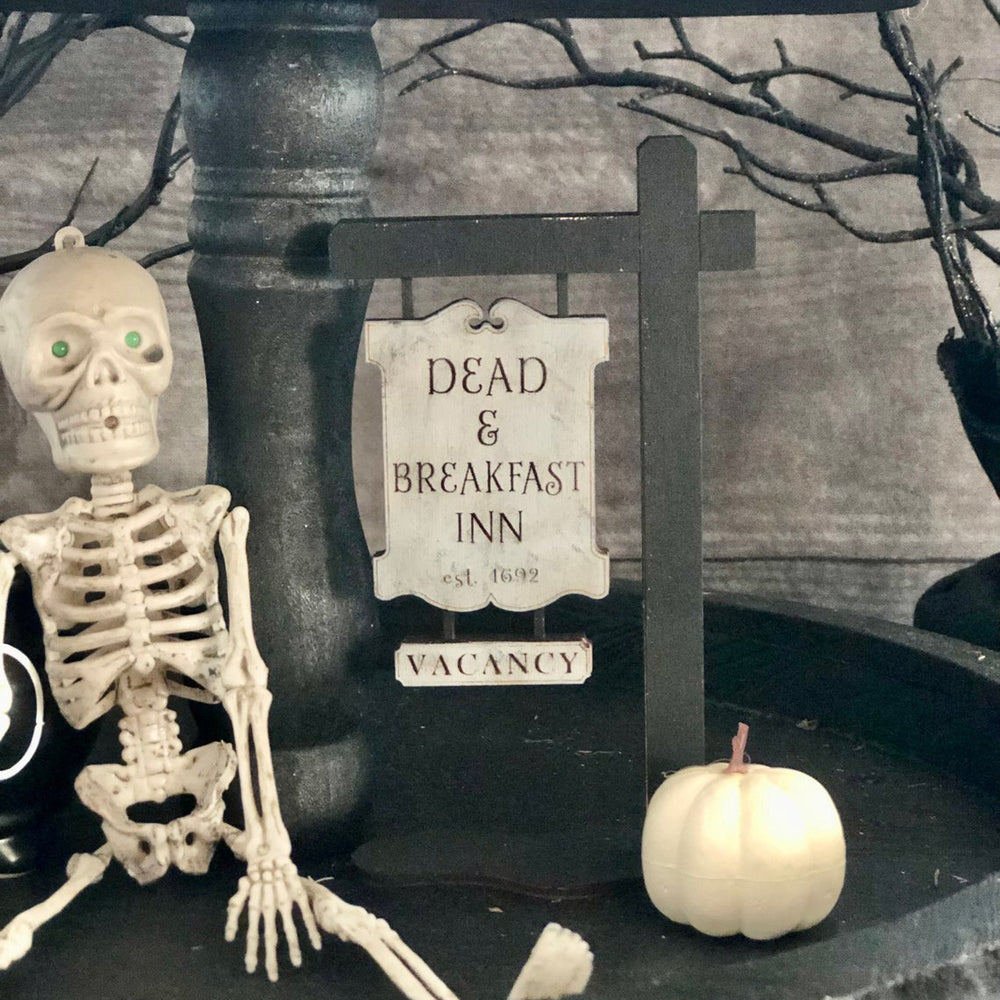 Wooden Halloween Tiered Tray Decor - Dead & Breakfast Inn