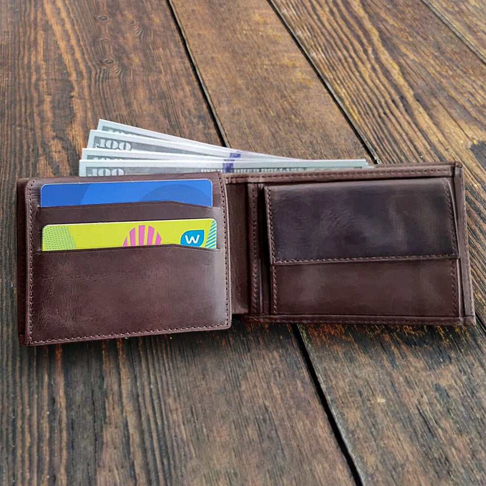 Personalized Leather Wallet With Wood Plate - Father's Day Gift