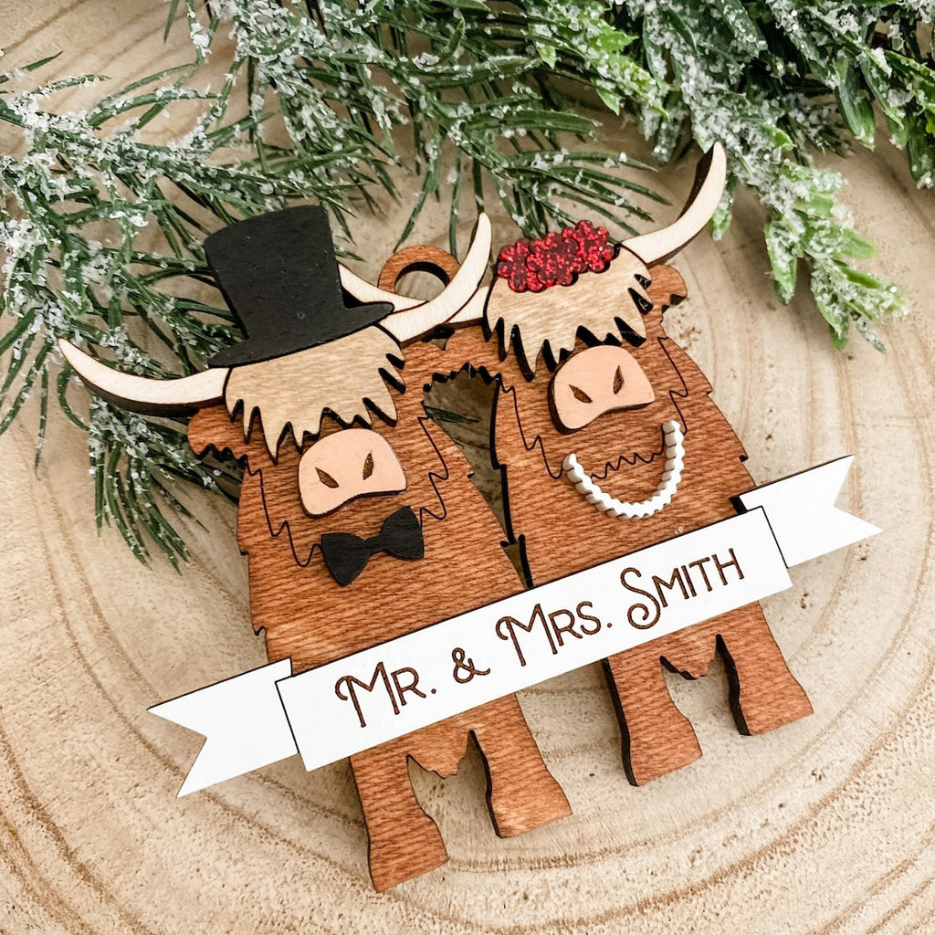 Personalized Wooden Newlywed Christmas ornament Highland Cows - Christmas Ornament For Couple