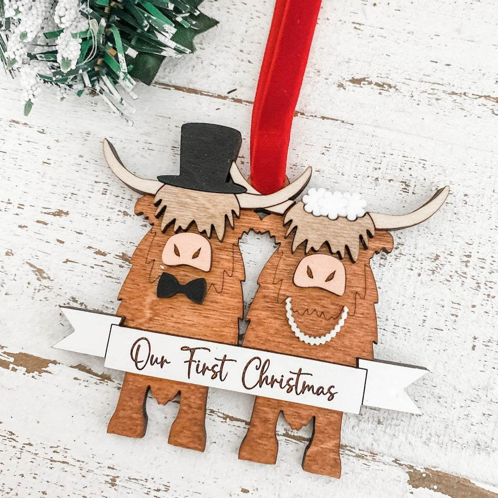 Personalized Wooden Newlywed Christmas ornament Highland Cows - Christmas Ornament For Couple