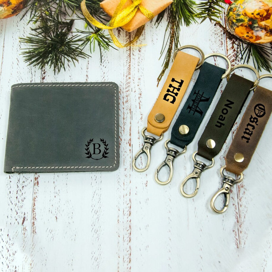 Set Customized Leather Wallet And Keychain  - Father's Day Gift