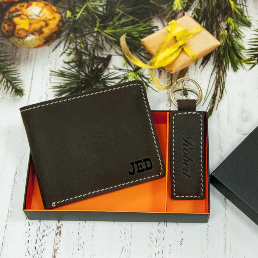 Set Of  2 Customized Leather Wallet And Keychain For Dad - Father's Day Gift