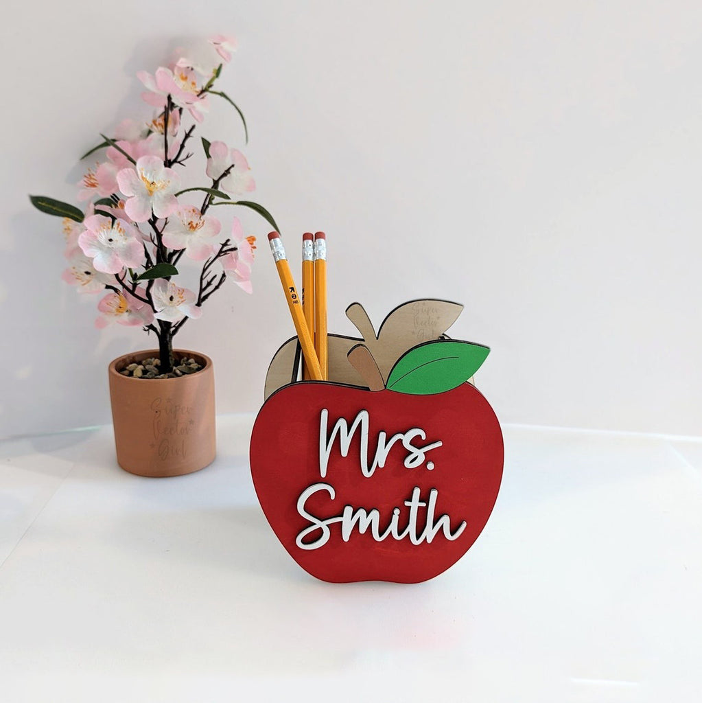 Personalized Wooden Apple Pen Holder Desk Organizer - Teacher Gift