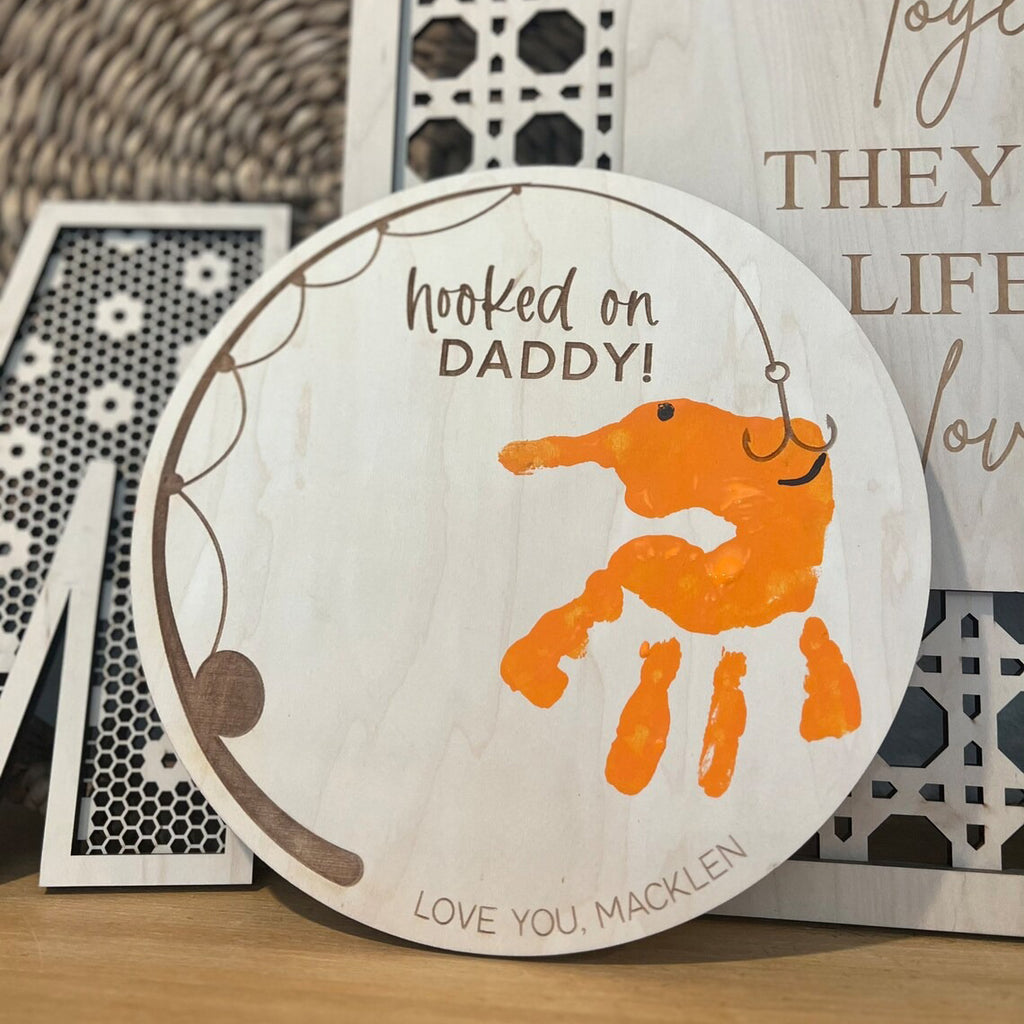 Hooked On Daddy, Reel Cool Grandpa - Handprint Sign - Father's Day Gift