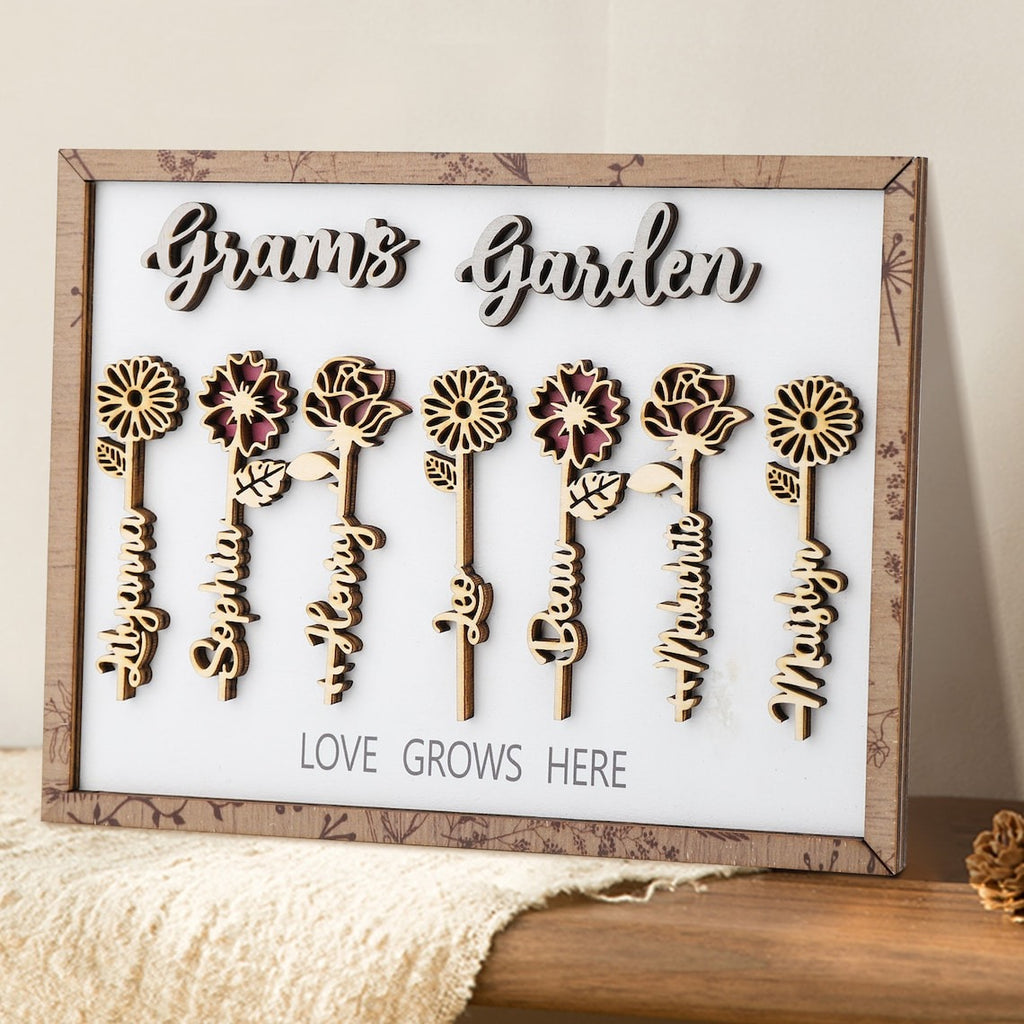 Personalized Wooden Birth Flower Family Names Sign Grandma's Garden - Christmas Gift For Mom, Grandma