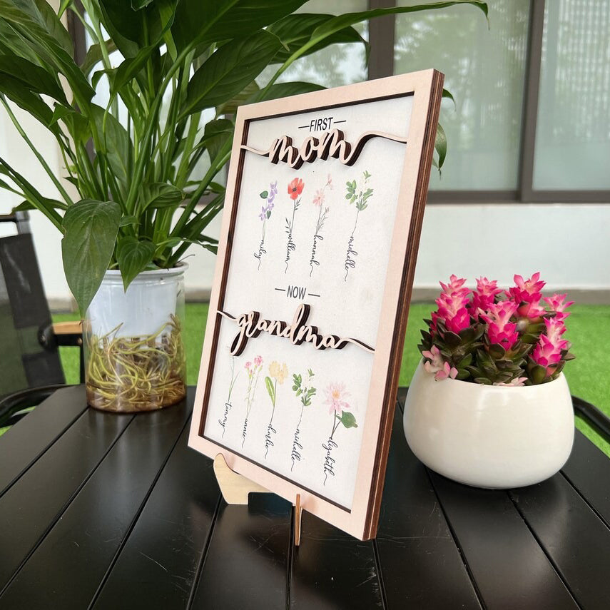 Personalized Wooden Sign Birth Flower First Mom Now Grandma - Christmas Gift For Mom, Grandma