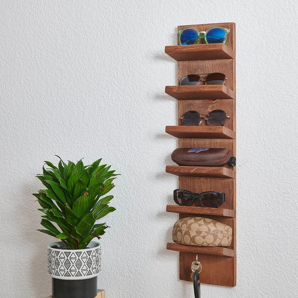 Wooden Rustic Sunglasses Organizer with Magnetic Key Chain Holder