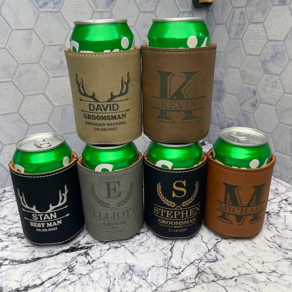 Personalized Set Of Engraved Leather Can Cooler, Beverage Can Holder - Christmas Gift