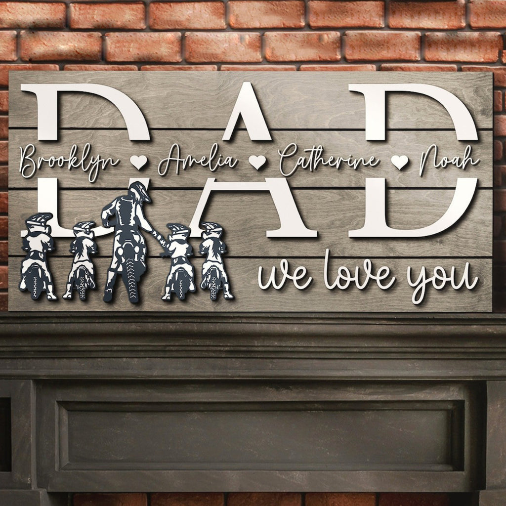Custom Motocross Biker Dad With Son and Daughter Wood Sign
