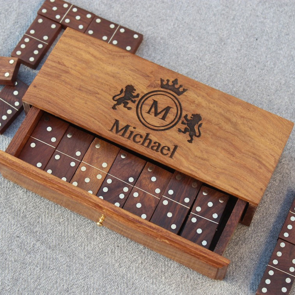 Wooden Domino Tiles With Engraved Personalized Box