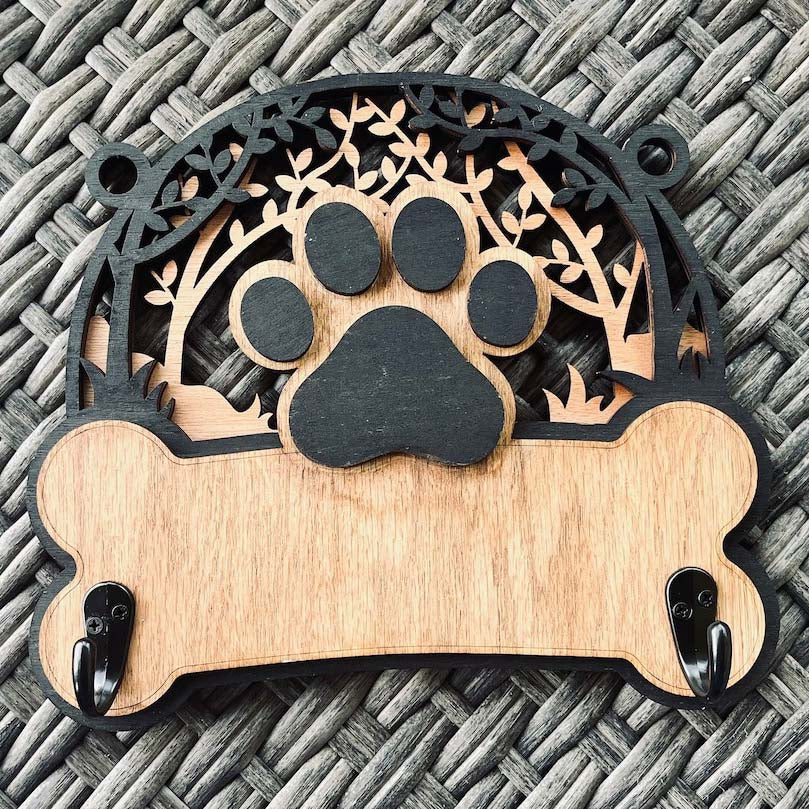 Personalized Wooden Forest Motif Dog Leash Holder - Gift For Dog Lovers