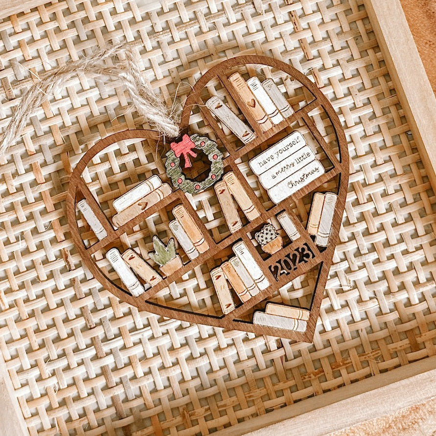 Personalized Wooden Heart Bookcase Ornament - Christmas Ornament