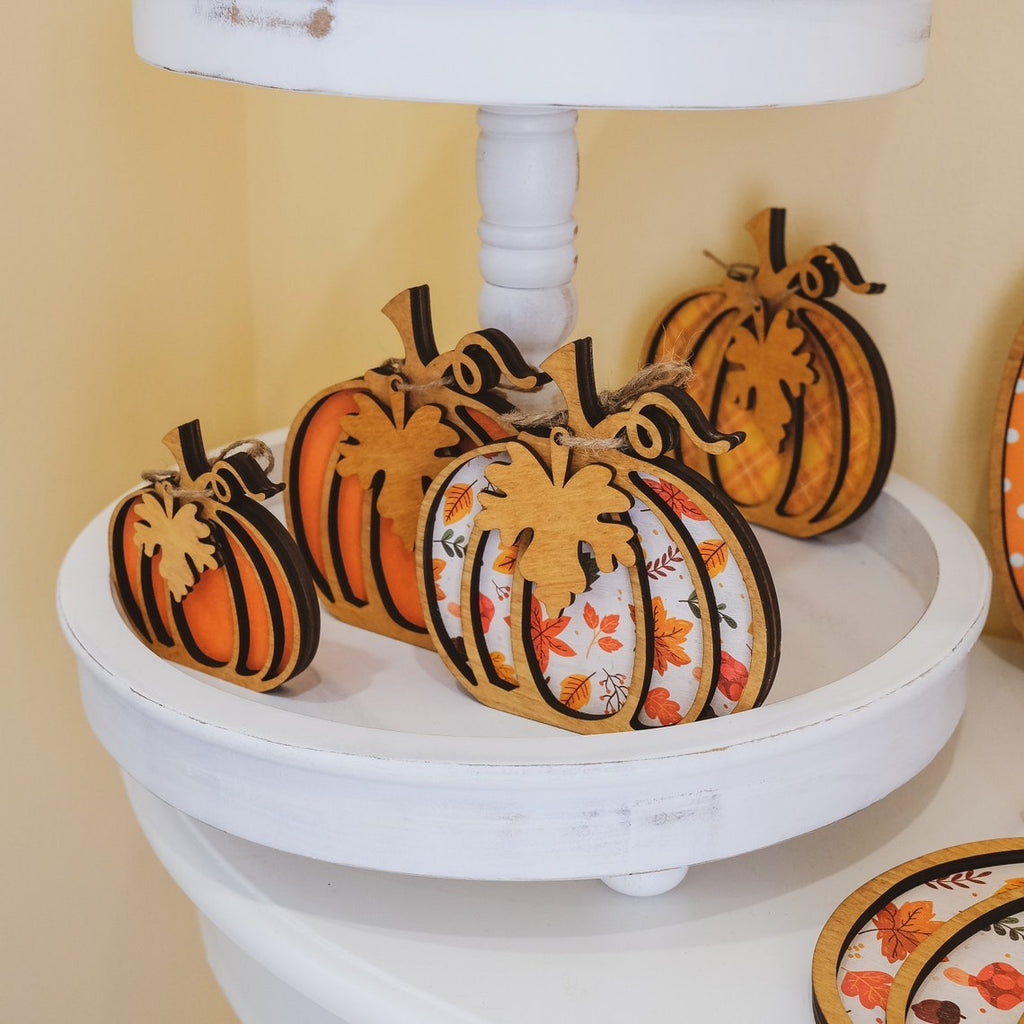 Wooden Rustic Pumpkins Shelf sitter with 4 sizes, patterns - Fall, Halloween and Thanksgiving decor