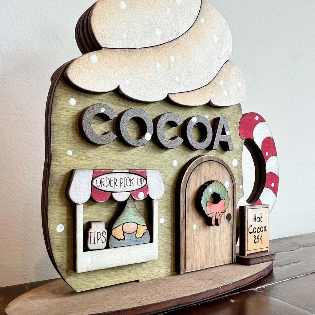 Double-Sided Cute Hot Cocoa Shop Hand Painted Wood Shelf Sitter