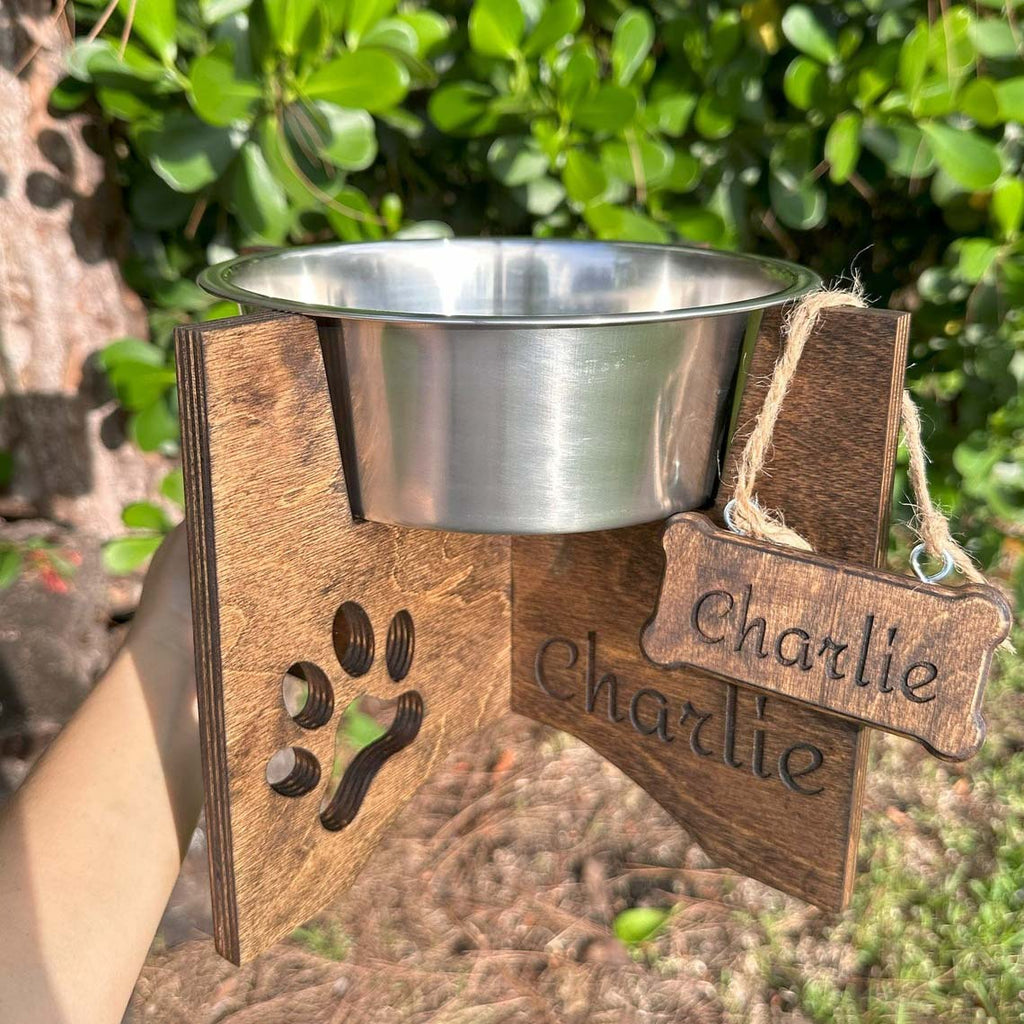 Wooden Pet Feeder Personalized 3 Sizes S M L - Dog Bowl Stand