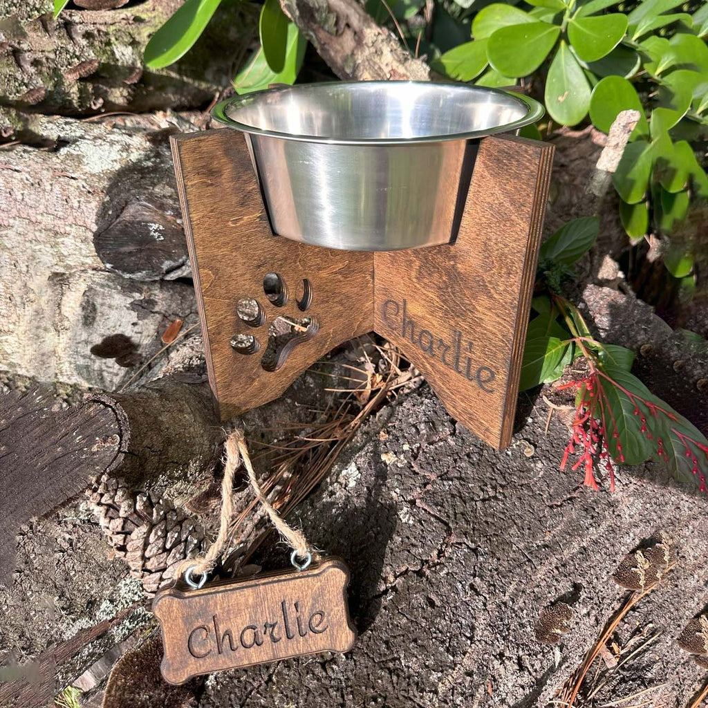 Wooden Pet Feeder Personalized 3 Sizes S M L - Dog Bowl Stand