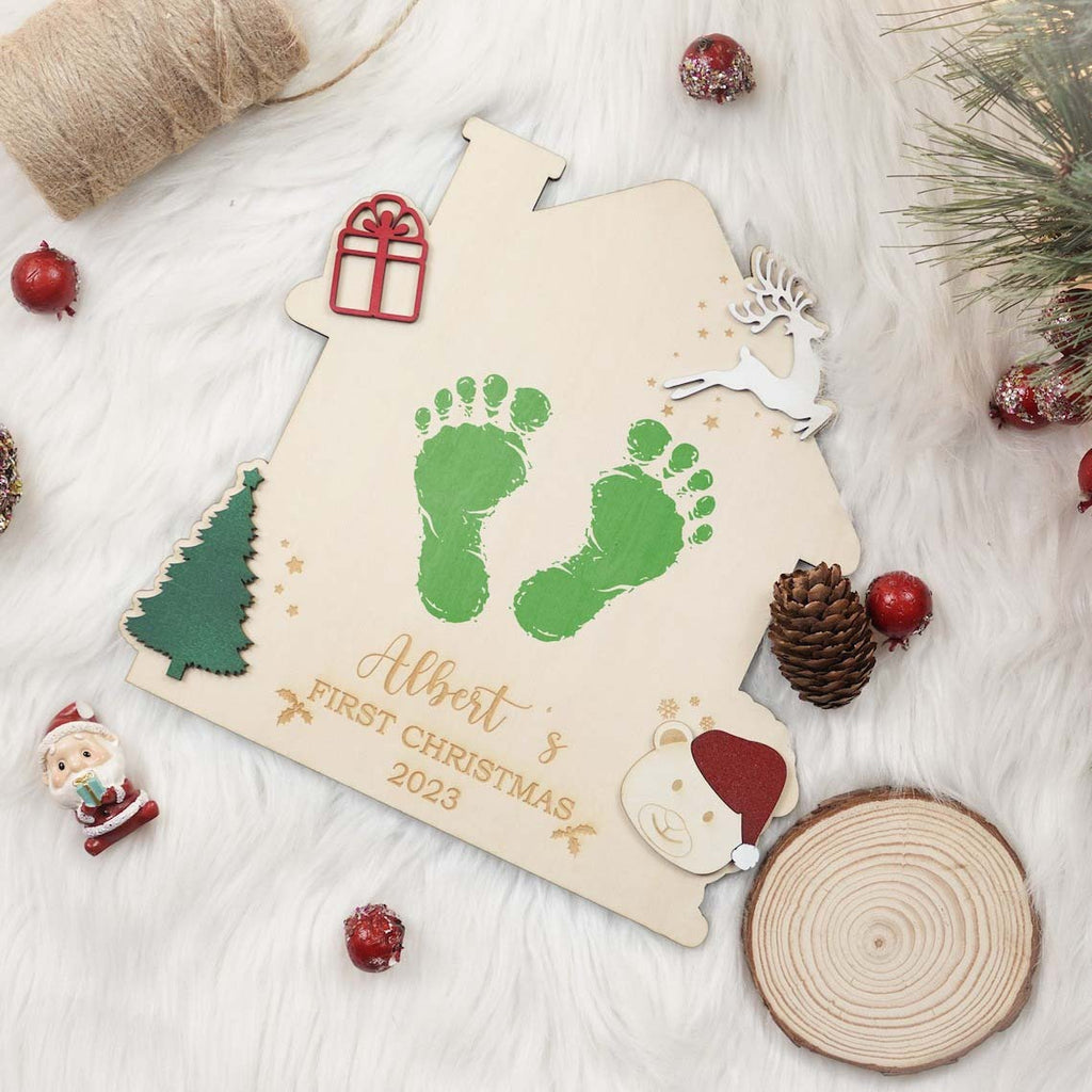 Personalized Kid Footprint House Plaque - Baby First Christmas