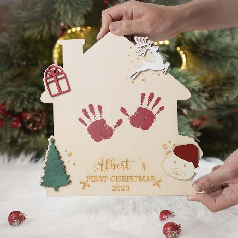 Personalized Kid Footprint House Plaque - Baby First Christmas