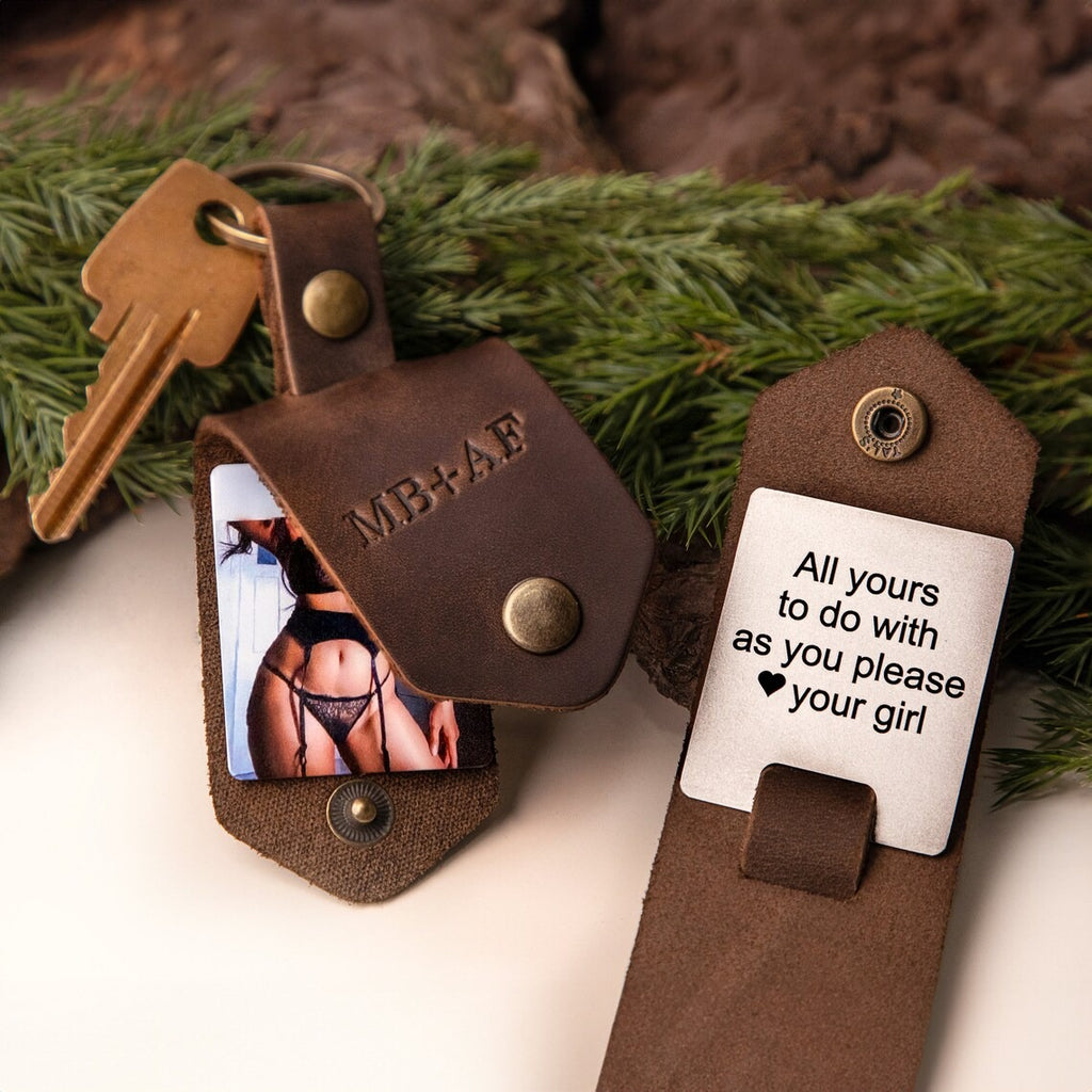 Personalized Naughty Leather Keychain With Photo - Secret Christmas Gift for Him