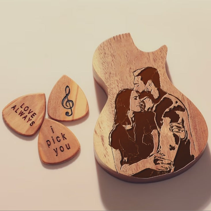 Personalized Wooden Guitar Picks and Case with Photos - Christmas Gift for Him