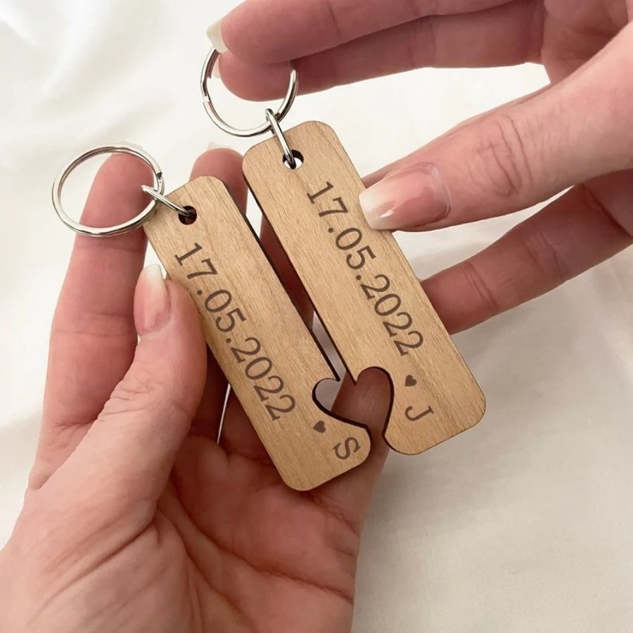 Personalized Wooden Initials & Date Couple Keyring - Gift for couple