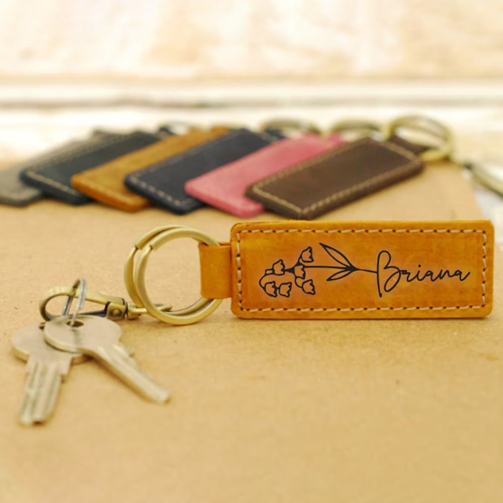 Personalized Name and Birth Flower Leather Keychain