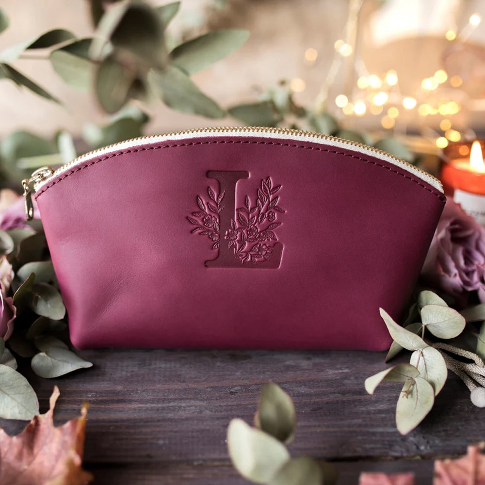 Personalized Leather Floral Initial Make Up Bag - Gift For Mom