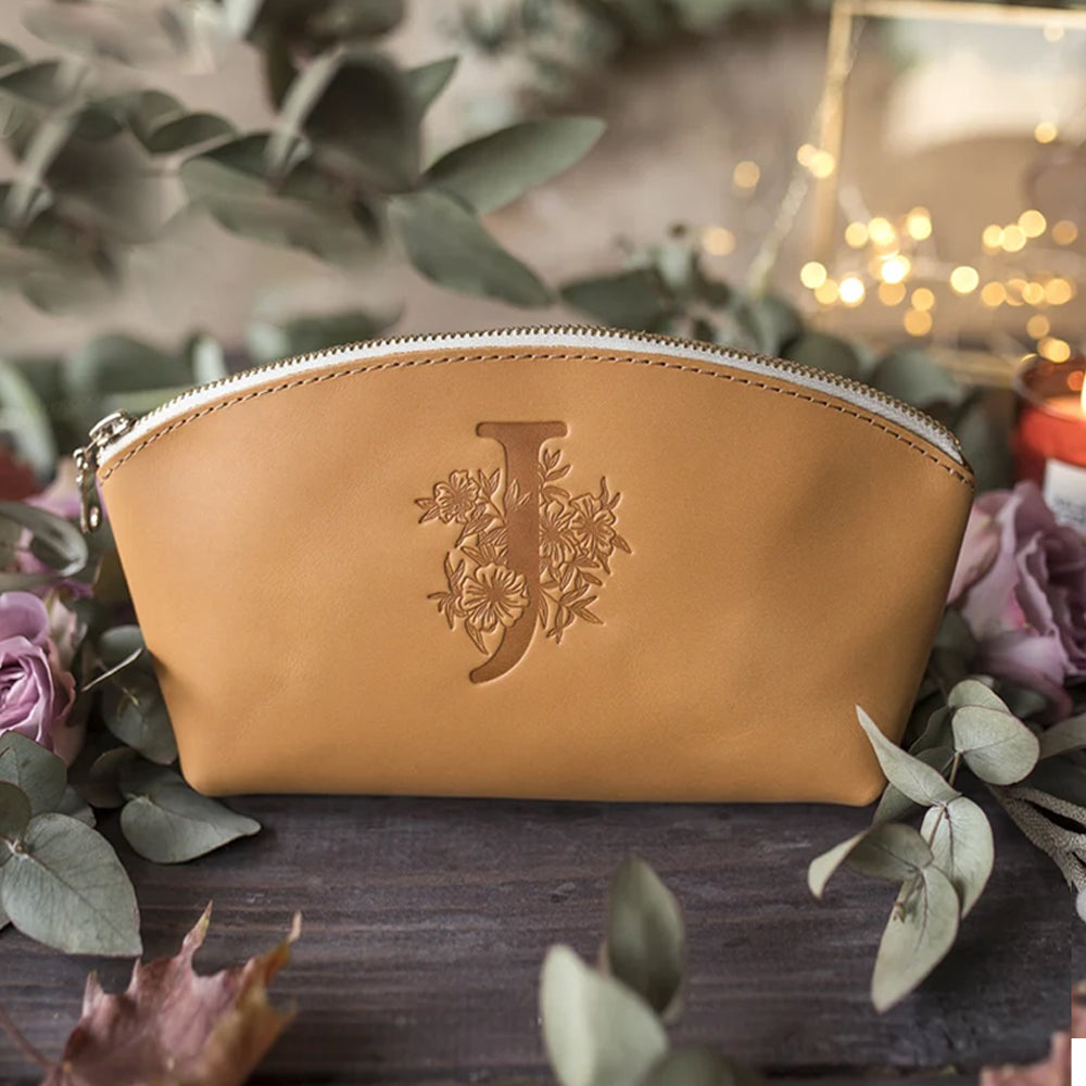 Personalized Leather Floral Initial Make Up Bag - Gift For Mom