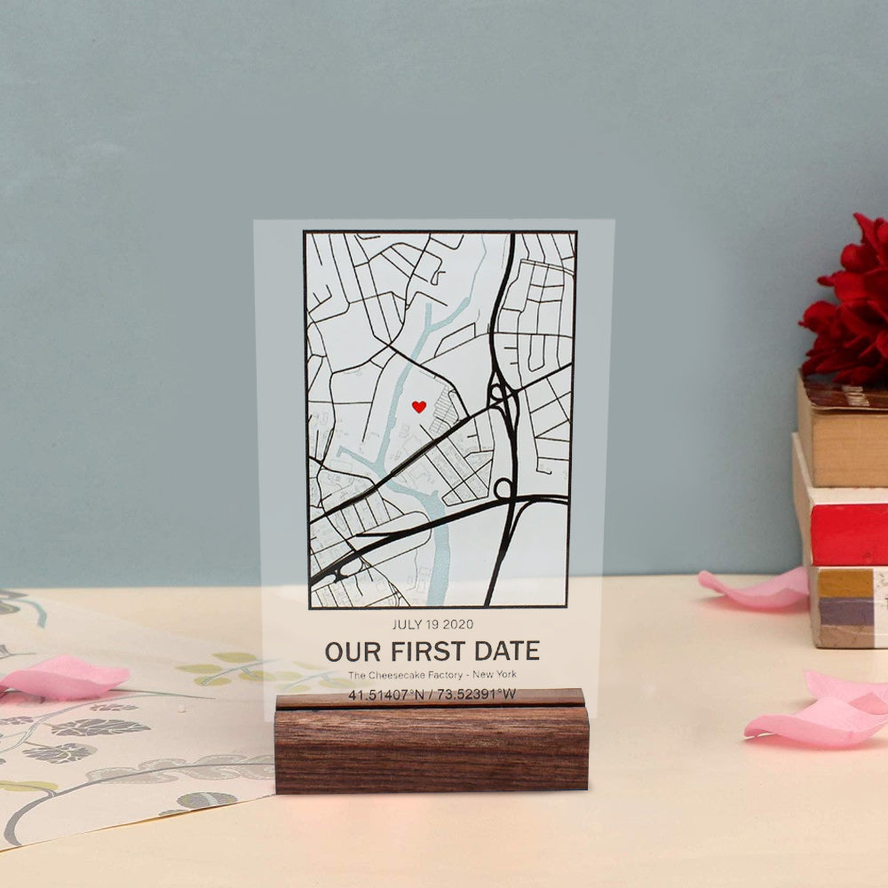  Our First Date Acrylic Sign, Anniversary Gift, Custom Map, First  Date Plaque, Boyfriend Girlfriend Gift (stand included) : Handmade Products