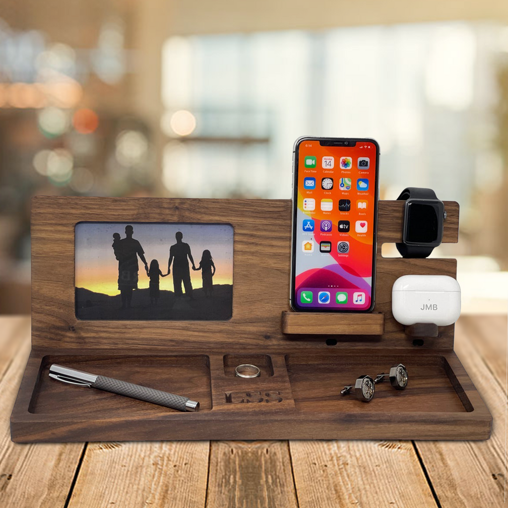 Premium Wooden Docking with Picture Frame | Apple Triple Dock | Charging Station | Father's Day Gift | Gift for Him