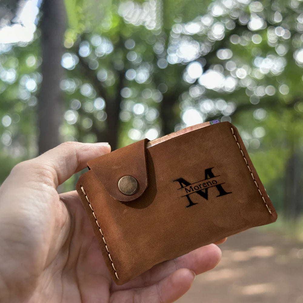 Personalized Leather Slim Wallet, V Wallet - Father's Day Gift Ideas